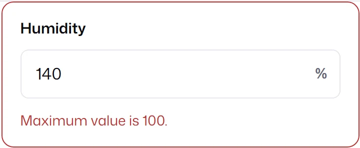 A humidity input with 140 percent and the error Maximum value is 100.