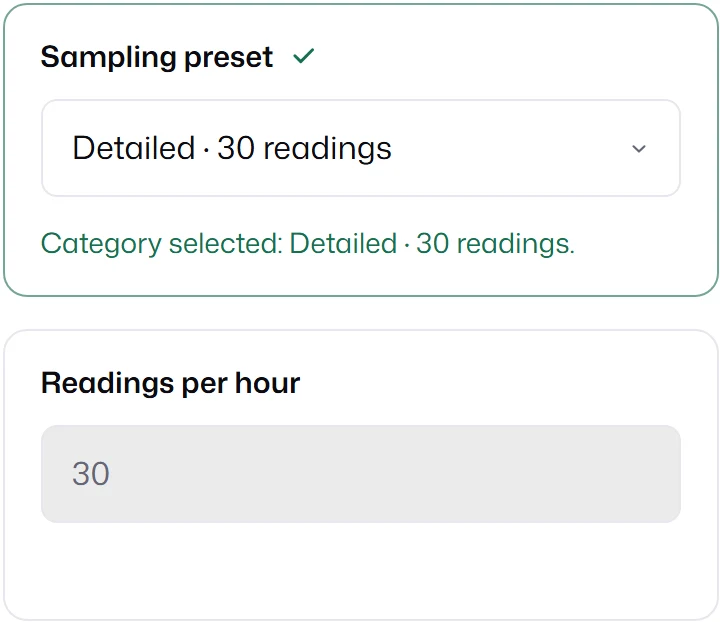 A preset dropdown set to Detailed, 30 readings, above a read-only field showing 30 readings per hour.
