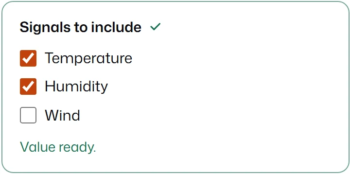 Three checkboxes with Temperature and Humidity checked.