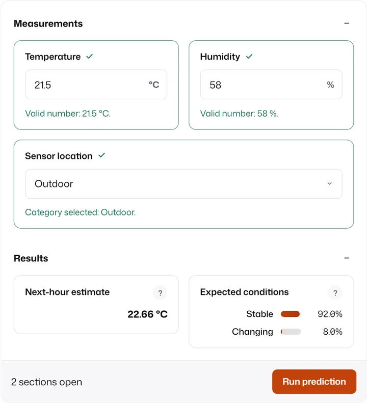 Stacked layout: measurements and results sections on one page with a submit footer.