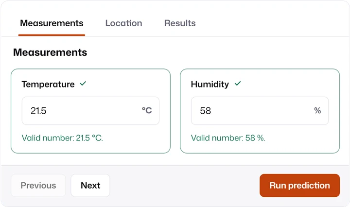 Tabs layout with Measurements, Location and Results tabs.